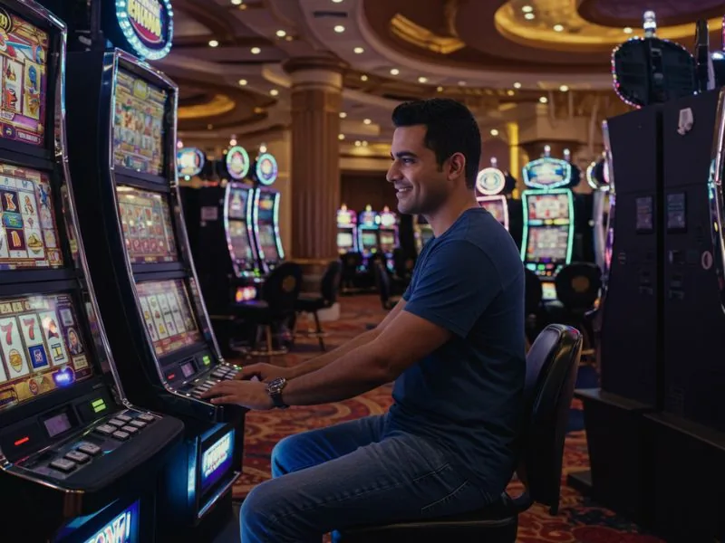 VVJL Online Casino happy player enjoying free spins on a favorite slot game.