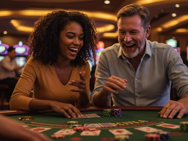 VVJL Online Casino happy player smiling while flipping poker cards in a fun gaming session.