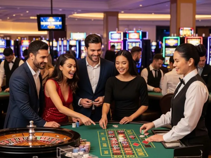 Combonanza Online Casino woman confidently going all in at the poker table.