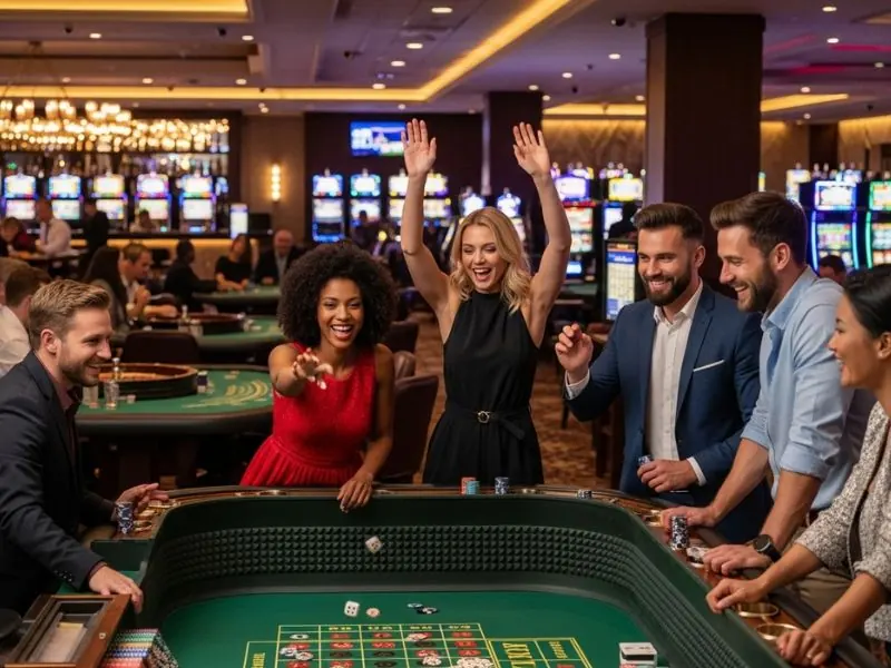 Eureka Online Casino woman confidently going all in at the poker table.