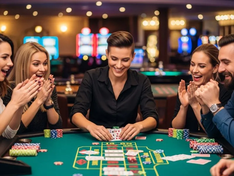Leobet Online Casino friends cheering during an intense poker round.