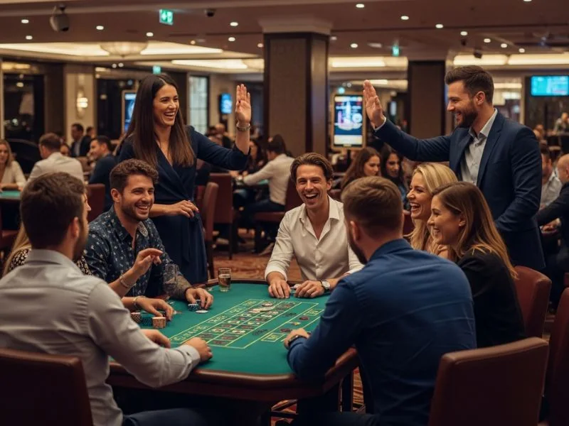 Leobet Online Casino man high-fiving friends after winning in blackjack.