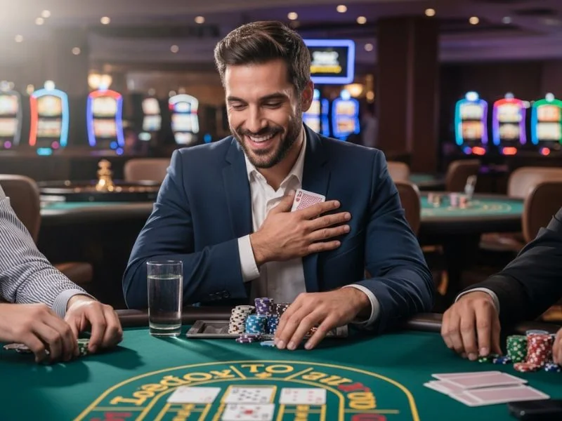Pagtaya Online Casino man smiling while holding playing cards.