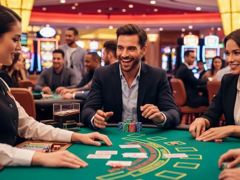 Pharmacy Online Casino confident player collecting chips from the dealer.