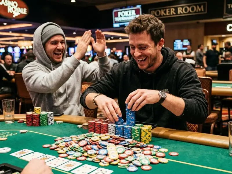 Buddy counting poker chips after a victory at a low-deposit online casino table