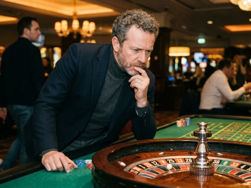 Man carefully examining a roulette wheel before placing a bet at a low-deposit online casino