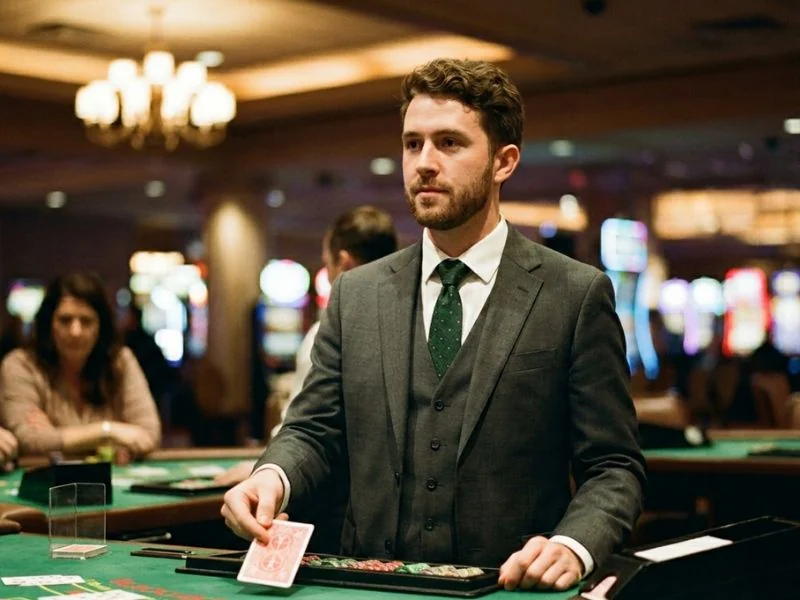 Man holding a dealer card during a blackjack game at a low-deposit online casino