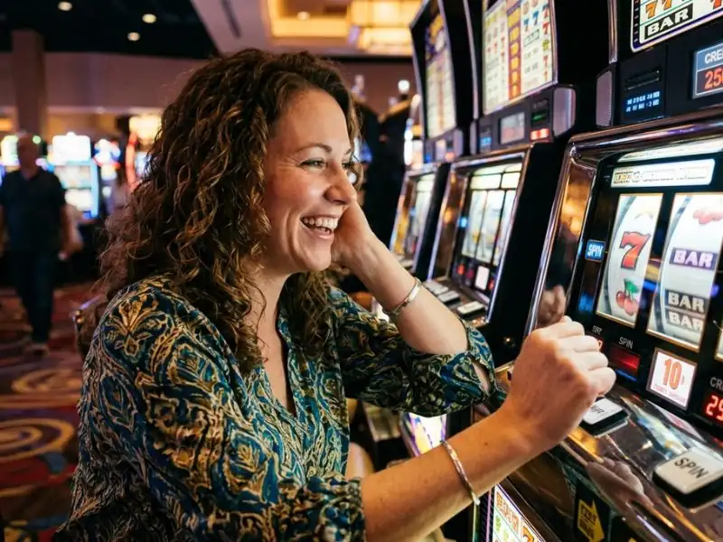 Woman smiling while spinning slot reels on a low-deposit online casino platform