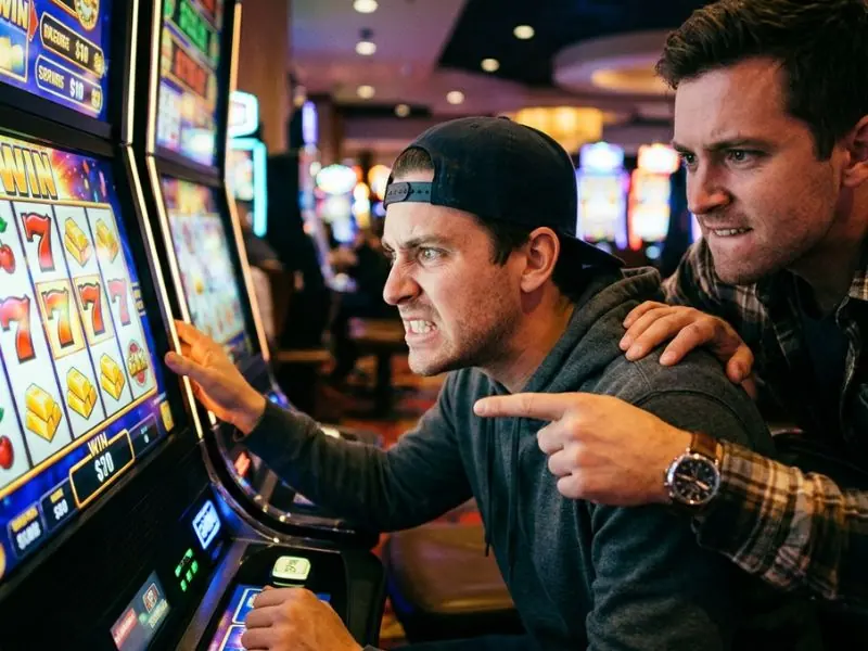 Buddy watching a slot machine screen with intensity at Milton 888 online casino