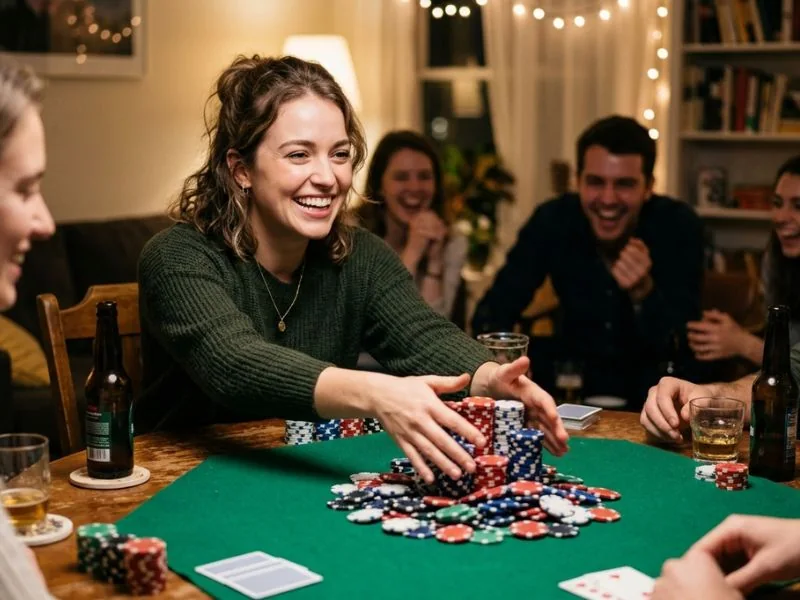 Friend smiling while placing an all-in poker bet at Milton 888 online casino