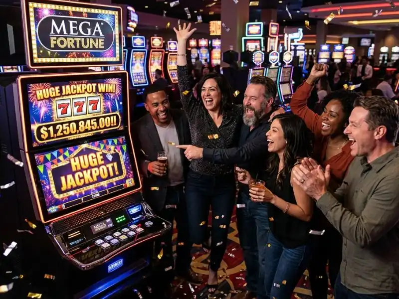 Group celebrating a huge jackpot win on slot machines in an online casino hacks themed gaming scene