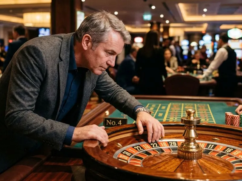 Man closely examining a roulette wheel before placing a bet in an online casino hacks themed game scene