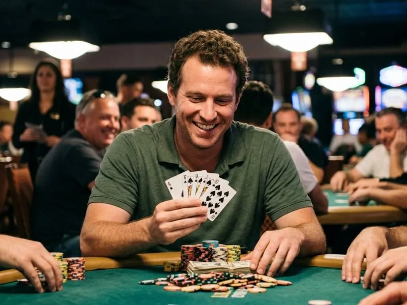Player smiling at a winning poker hand during a game in an online casino hacks themed setting