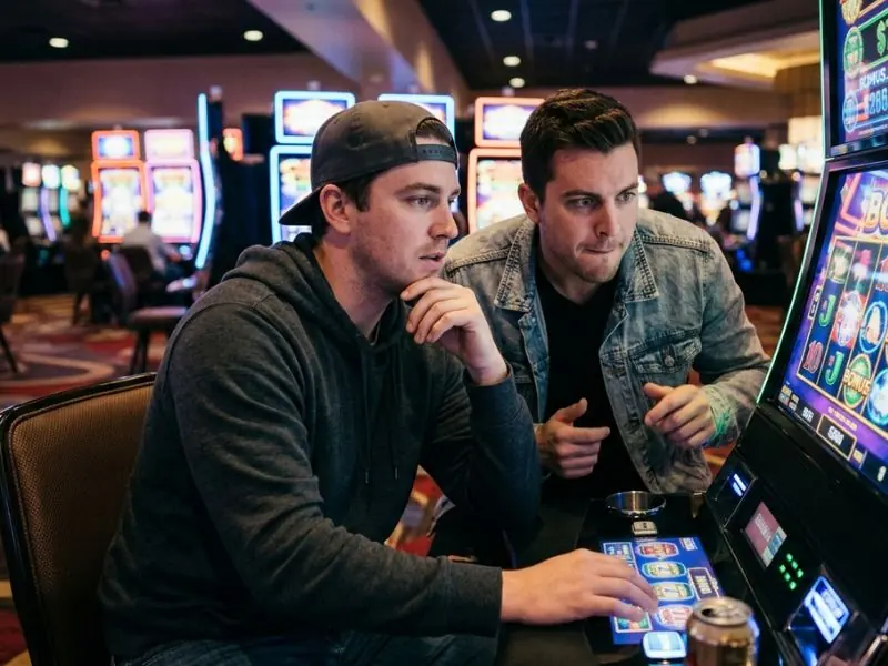 Buddy watching a slot machine screen with intensity at an online casino PayPal Philippines platform