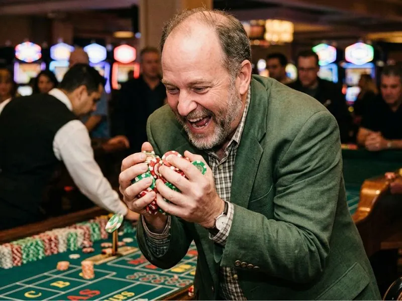 Man clutching chips in excitement while playing at an online casino PayPal Philippines