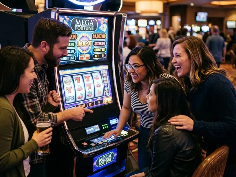Group huddled around a slot machine at Peso63 online casino, watching the reels spin