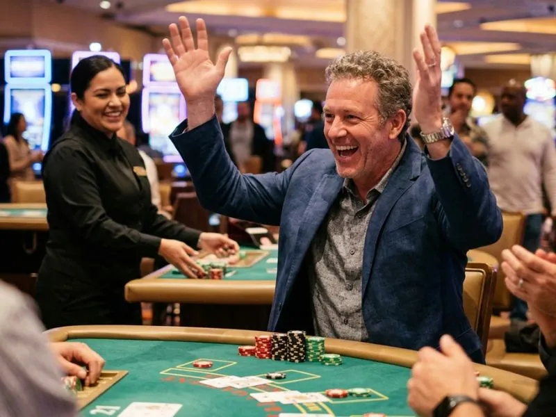 Man gesturing with excitement after winning a blackjack hand at Peso63 online casino