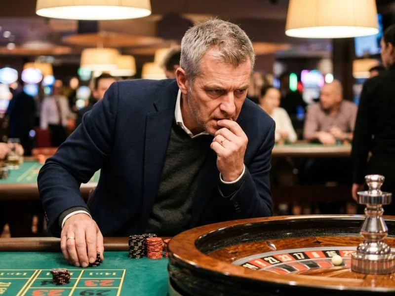 Player concentrating on a winning number at the roulette wheel in a Peso63 online casino
