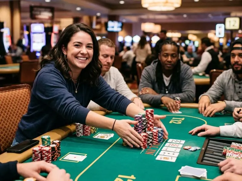Woman smiling while placing an all-in poker bet at Peso63 online casino