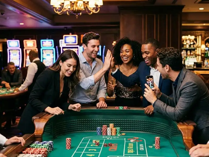 solaire online casino enjoy your casino night and collect happy memories lively casino scene with bright lights tables and players enjoying games