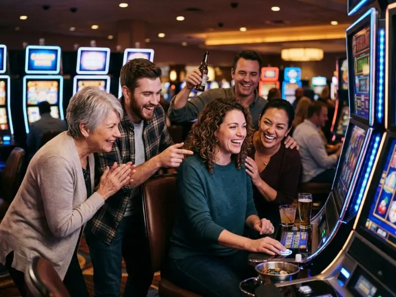 Smiling player as winning symbols flash at JL99 Casino