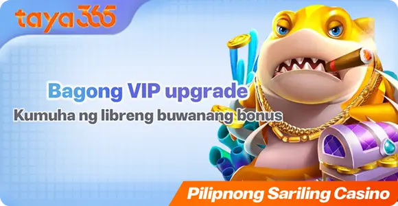 About Us at Taya365, featuring a VIP upgrade promotion with a cartoon shark mascot, treasure chest, gold coins, and bonus rewards for members of the Filipino online casino platform.
