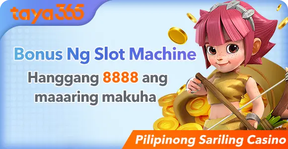 About Us at Taya365, featuring a slot machine bonus promotion with an animated character, gold coins, and rewards of up to 8,888 for online casino players.