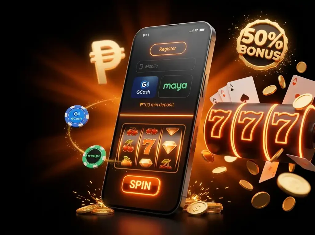 Slots casino promotion featuring a smartphone slot game, GCash and Maya payment options, a 50% bonus offer, glowing 777 reels, casino cards, and gold coins.
