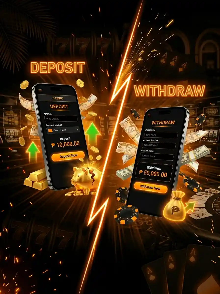 About Taya365 deposit and withdrawal services, featuring mobile banking interfaces, casino-themed visuals, Philippine peso amounts, and fast transaction options for account funding and cashouts.