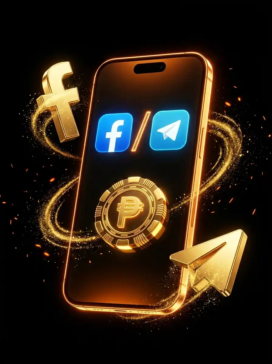 About Taya365 social media channels, featuring a smartphone display with Facebook and Telegram icons alongside a Philippine peso symbol, highlighting online community access and platform connectivity.