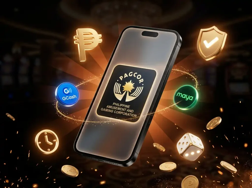Slots gaming illustration featuring a smartphone with PAGCOR branding, GCash and Maya payment icons, security symbols, casino dice, and digital payment elements.