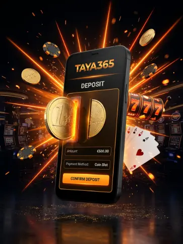 How to deposit on Taya365 using a mobile device, featuring a smartphone deposit screen with coins, casino chips, playing cards, and a confirm deposit button for quick account funding.
