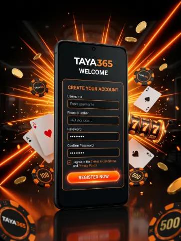 How to register on Taya365 using a mobile device, featuring a smartphone sign-up form with username, phone number, password fields, and a Register Now button surrounded by casino-themed elements.