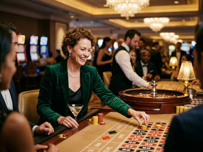 Sophisticated lady smiling while playing at Kings Casino table
