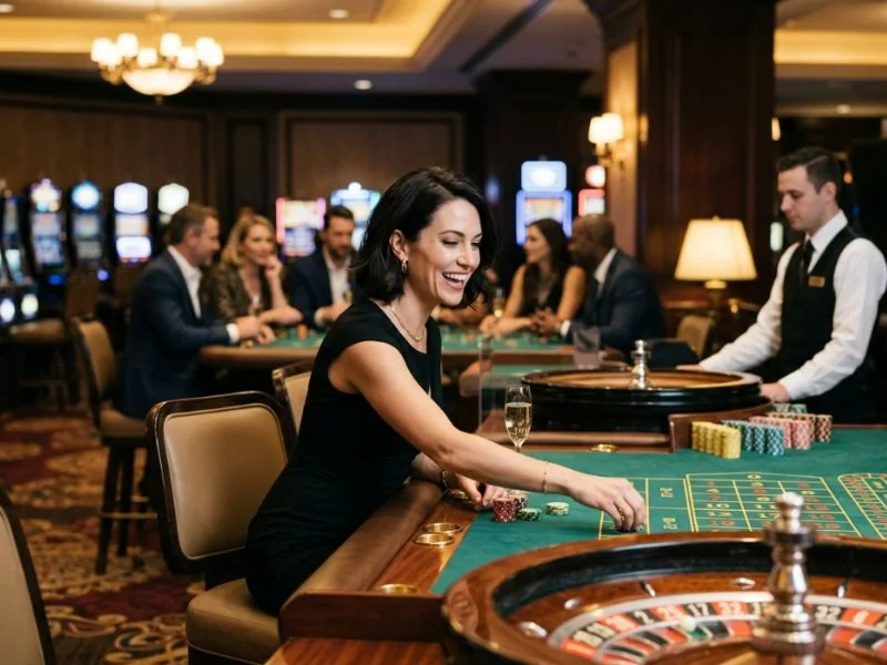 Graceful woman seated at a premium casino table at Lucky Cola.com casino