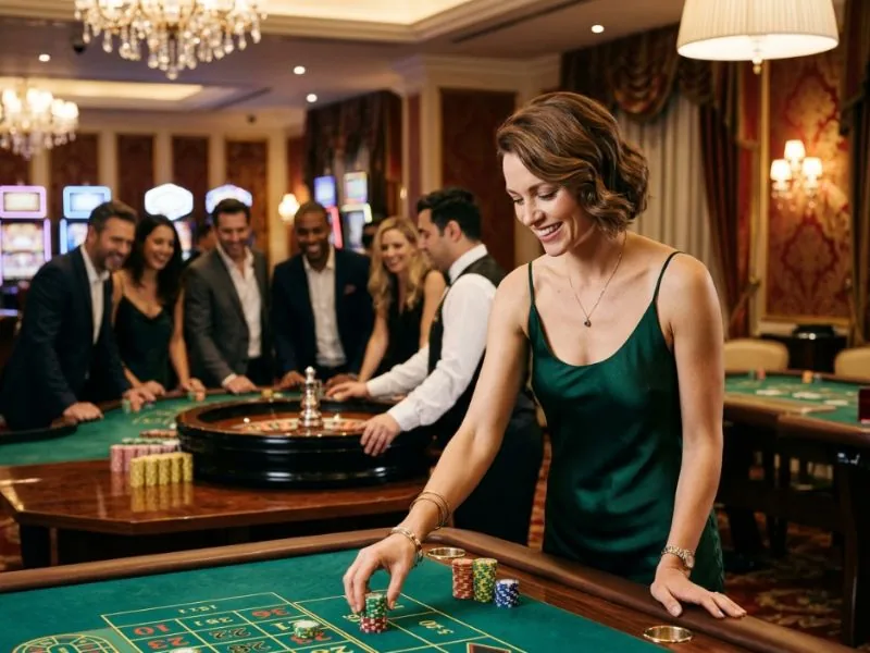 Refined woman surrounded by casino energy and glamour at Lucky Cola.com casino